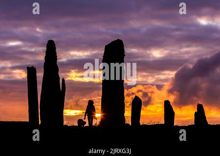 Orkney, UK. 26th Aug, 2022. A woman walks her dog as the sun sets at the Ring of Brodgar, Orkney. The 5,000 year old massive stones are part of the Heart of Neolithic Orkney World Heritage Site. Credit: Peter Lopeman/Alamy Live News Stock Photo