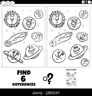 Black and white cartoon illustration of finding the differences between pictures educational game with planets and orbs characters coloring page Stock Vector