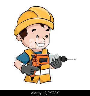 Cartoon design of labor worker with his safety helmet operating a drill. Industrial construction or carpentry worker Stock Vector