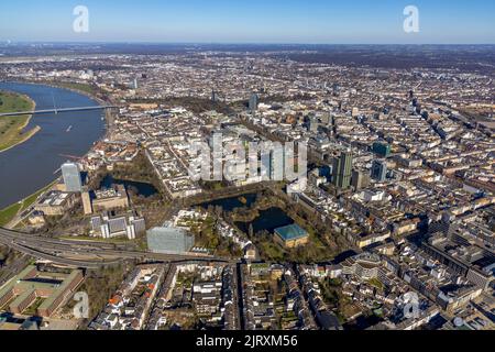 Aerial view, city center view, city and in the foreground the Ständehaus at the Kaiserteich and Schwanenspiegel in the district Unterbilk in Düsseldor Stock Photo