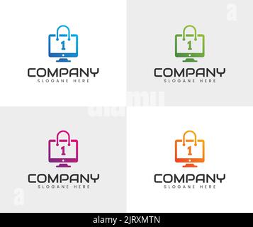 Online shop logo designs template vector illustration. Perfect for Ecommerce, sale, discount or store web element. Company emblem Stock Vector