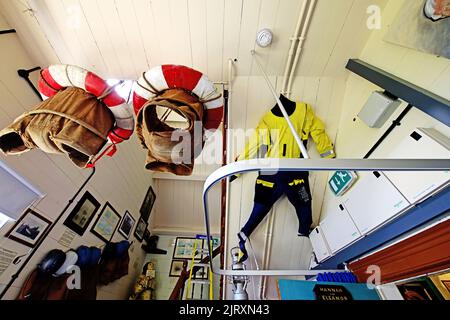 Tynemouth Volunteer Life Brigade museum rooms with Breeches buoy and immersion suit established 1864 declared facility to HM Coastguard for Rope Rescu Stock Photo