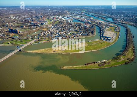 Aerial view, Duisburg harbor, Mercator island with river Ruhr mouth into river Rhine, Ruhrort, Duisburg, Ruhr area, North Rhine-Westphalia, Germany, Stock Photo