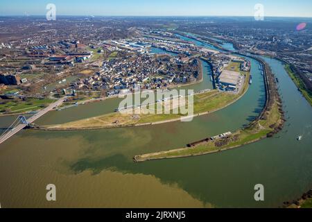 Aerial view, Duisburg harbor, Mercator island with river Ruhr mouth into river Rhine, Ruhrort, Duisburg, Ruhr area, North Rhine-Westphalia, Germany, D Stock Photo