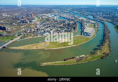 Aerial view, Duisburg harbor, Mercator island with river Ruhr mouth into river Rhine, Ruhrort, Duisburg, Ruhr area, North Rhine-Westphalia, Germany, Stock Photo