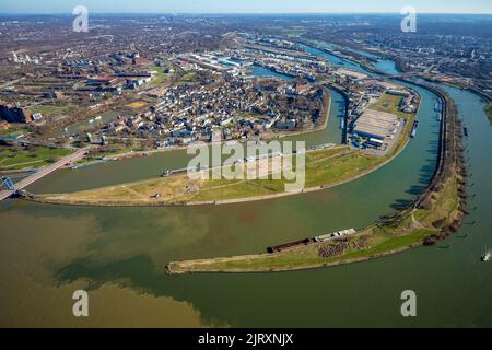 Aerial view, Duisburg harbor, Mercator island with river Ruhr mouth into river Rhine, Ruhrort, Duisburg, Ruhr area, North Rhine-Westphalia, Germany, D Stock Photo