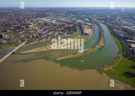 Aerial view, Duisburg harbor, Mercator island with river Ruhr mouth into river Rhine, Ruhrort, Duisburg, Ruhr area, North Rhine-Westphalia, Germany, D Stock Photo