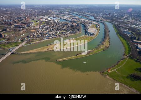 Aerial view, Duisburg harbor, Mercator island with river Ruhr mouth into river Rhine, Ruhrort, Duisburg, Ruhr area, North Rhine-Westphalia, Germany, D Stock Photo