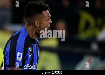 InterÕs Argentinian forward Lautaro Martinez celebrates after scoring a goal during the Serie A football match between SS Lazio and Inter. SS Lazio won 3-1 Stock Photo