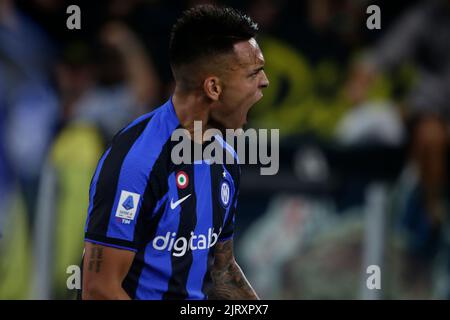 InterÕs Argentinian forward Lautaro Martinez celebrates after scoring a goal during the Serie A football match between SS Lazio and Inter. SS Lazio won 3-1 Stock Photo