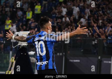 InterÕs Argentinian forward Lautaro Martinez celebrates after scoring a goal during the Serie A football match between SS Lazio and Inter. SS Lazio won 3-1 Stock Photo