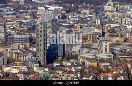 Aerial view, city with Westenergie tower and Postbank high-rise in the south quarter in Essen, Ruhr area, North Rhine-Westphalia, Germany, DE, Essen, Stock Photo
