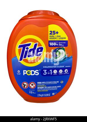 Tide Laundry Detergent Pods in the container on white background Stock Photo