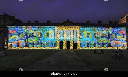 London, UK. 26th Aug, 2022. Light projections in Discover Ukraine: Bits Destroyed bring to life traditional Ukrainian mosaics on the walls of the Old Royal Naval College, as part of Greenwich and Docklands International Festival. Ukraine's rich cultural heritage is under devastating attack. In response, Kyiv-based photographer Yevgen Nikiforov and the Ukrainian creative team of ROCK ‘N' LIGHT STUDIO and PTAKH JUNG have designed this dazzling digital artwork. The projections run until 29th August. Credit: Imageplotter/Alamy Live News Stock Photo