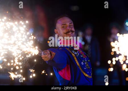 Moscow, Russia. 26th of August, 2022. Dancers perform during an evening show ahead of the opening of the Spasskaya Tower 2022 International Military Music Festival in Red Square. in Moscow, Russia. Nikolay Vinokurov/Alamy Live News Stock Photo