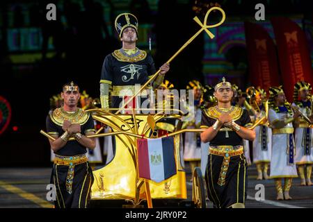 Moscow, Russia. 26th of August, 2022. The Egyptian Military Symphonic Band performs during an evening show ahead of the opening of the Spasskaya Tower 2022 International Military Music Festival in Red Square in Moscow, Russia. Nikolay Vinokurov/Alamy Live News Stock Photo