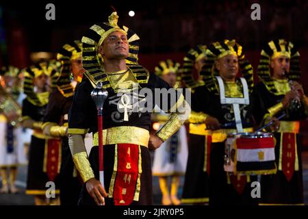 Moscow, Russia. 26th of August, 2022. The Egyptian Military Symphonic Band perform during an evening show ahead of the opening of the Spasskaya Tower 2022 International Military Music Festival in Red Square in Moscow, Russia. Nikolay Vinokurov/Alamy Live News Stock Photo