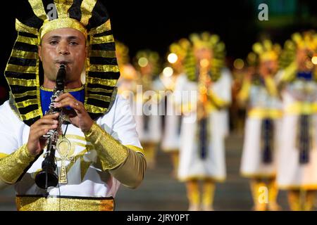 Moscow, Russia. 26th of August, 2022. The Egyptian Military Symphonic Band perform during an evening show ahead of the opening of the Spasskaya Tower 2022 International Military Music Festival in Red Square in Moscow, Russia. Nikolay Vinokurov/Alamy Live News Stock Photo