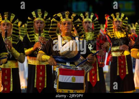 Moscow, Russia. 26th of August, 2022. The Egyptian Military Symphonic Band perform during an evening show ahead of the opening of the Spasskaya Tower 2022 International Military Music Festival in Red Square in Moscow, Russia. Nikolay Vinokurov/Alamy Live News Stock Photo