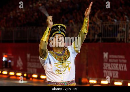 Moscow, Russia. 26th of August, 2022. The Egyptian Military Symphonic Band perform during an evening show ahead of the opening of the Spasskaya Tower 2022 International Military Music Festival in Red Square in Moscow, Russia. Nikolay Vinokurov/Alamy Live News Stock Photo