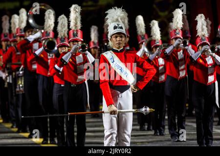 Moscow, Russia. 26th of August, 2022. Boonwattana School Marching Band performs during an evening show ahead of the opening of the Spasskaya Tower 2022 International Military Music Festival in Red Square. in Moscow, Russia. Nikolay Vinokurov/Alamy Live News Stock Photo