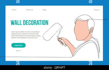 Home Repair Concept. Website Landing Page. Repairmen Workers Are Making Works Of House. Cartoon Characters Paint Walls And Put Tile. Linear Outline Vector Illustration. Stock Vector