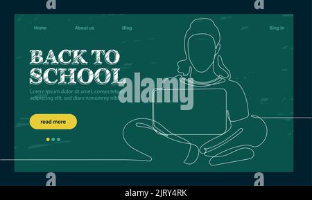 landing page template with globe, glasses and stack of textbooks.Back to school landing page template. Outline web banner on white backdrop. Vector outline illustration. Concept website page. Stock Vector