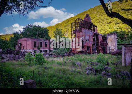 A Late Afternoon of the Ruins of an Old Lumber Mill Over One Hundred Years Old, in Late Afternoon. Stock Photo