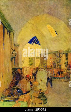 This scene of a bazaar at Constantinople (present-day Istanbul) was painted by Jules Guerin. Jules Guérin 1866 –1946) was an American muralist, architectural delineator, and illustrator. A painter and widely published magazine illustrator, he gained prominence for his architectural work such as in the 1906, Plan for Chicago, and for the large murals he painted in many well-known public structures such as the Lincoln Memorial. Stock Photo