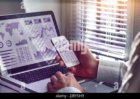 Business analytics dashboard technology on computer and smartphone screen with key performance indicator (KPI) about financial operations statistics a Stock Photo