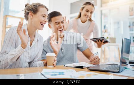 Happy business people in a conference or video call, waving and smiling in an online meeting in an office. Corporate employee excited for online Stock Photo