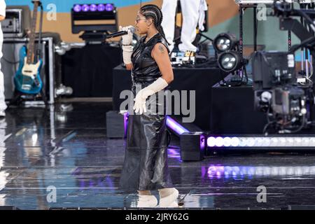 New York, NY - August 26, 2022: Tokischa joined Ozuna to perform during Good Morning America ABC channel 7 concert in Central Park Stock Photo