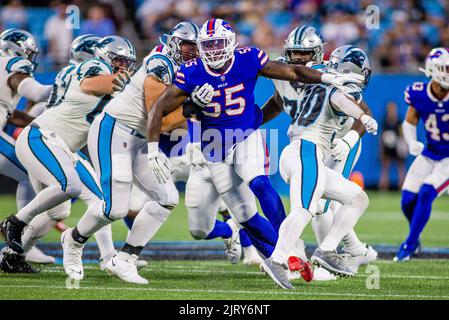 Buffalo Bills running back Raheem Blackshear (35) is tackled by Carolina  Panthers defensive end Austin Larkin (