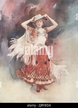 Miss Evie Greene in the title role in Kitty Grey, a hit musical by J.S. Pigott, music by Augustus Barratt and Howard Talbot, at the Apollo, 1901. Edith Elizabeth Greene, English actress and singer in Edwardian musical comedies, 1875-1917. Photograph by Alfred Ellis and Walery (Stanislaw Julian Ignacy). Colour printing of a hand-coloured illustration based on a monochrome photograph from George Newnes’s Players of the Day, London, 1905. Stock Photo