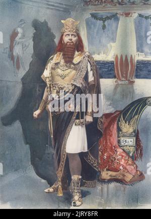 Sir Herbert Beerbohm Tree as Herod, King of the Jews, in Herod: a Tragedy, a play by Stephen Phillips, 1901. Beerbohm Tree, English stage and film actor, theatre manager, 1852-1917. Photograph by Langfier. Colour printing of a hand-coloured illustration based on a monochrome photograph from George Newnes’s Players of the Day, London, 1905. Stock Photo