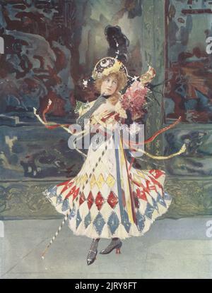 Miss Katie Seymour as Alice in The Runaway Girl, a musical comedy by Seymour Hicks and Ivan Caryll at the Gaiety, 1898. Katie Seymour, British Victorian burlesque and Edwardian musical comedy singer and dancer, 1870-1903. Photograph by Alfred Ellis and Walery (Stanislaw Julian Ignacy). Colour printing of a hand-coloured illustration based on a monochrome photograph from George Newnes’s Players of the Day, London, 1905.