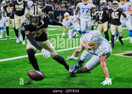 New Orleans Saints cornerback Vincent Gray (35) reacts to a play during an  NFL preseason football game against the Los Angeles Chargers, Friday, Aug.  26, 2022, in New Orleans. (AP Photo/Tyler Kaufman