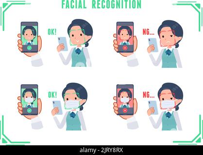 A set of Clerk woman doing facial recognition on their phones.It's vector art so easy to edit. Stock Vector