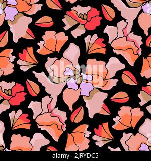 Vector floral seamless pattern. Stylized abstract flowers on a black background.  Stock Vector