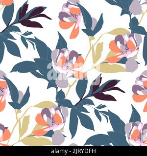 Vector floral seamless pattern. Simple design with twigs, leaves and flowers.  Stock Vector