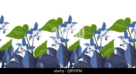 Vector floral seamless pattern, border. Horizontal panoramic design with blue flowers and green leaves on a white background. Stock Vector