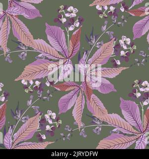 Vector floral seamless pattern with leaves and small flowers on a khaki colored background.  Stock Vector