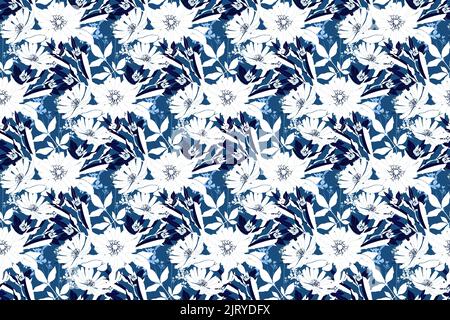 Vector floral seamless pattern in blue and white colors.  Stock Vector