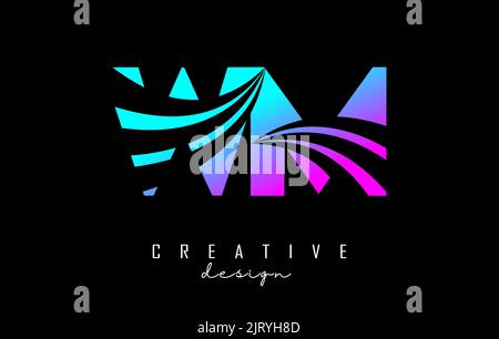 Creative colorful pink and blue letter WM w m logo with leading lines and road concept design. Letters with geometric design. Vector Illustration with Stock Vector