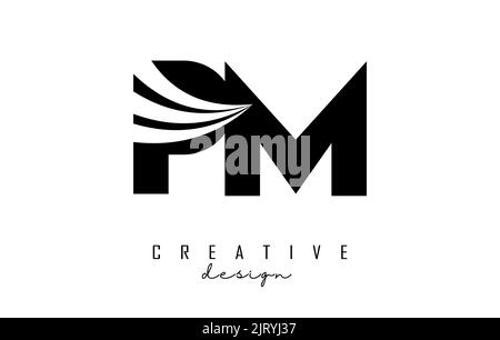 Creative black letters PM p m logo with leading lines and road