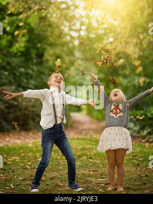 Let the leaf-playing fun begin. a boy and his little sister having fun outside. Stock Photo