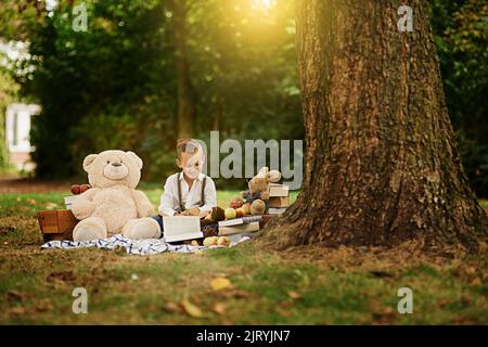An hour spent reading is one stolen from paradise. a little boy reading to his toys while out in the woods. Stock Photo