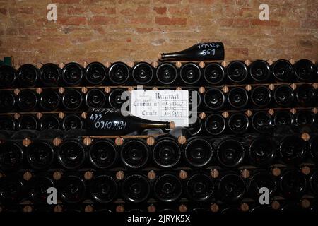 Champagne bottles with stock index card, Ruinart champagne cellar in Reims, France. Stock Photo