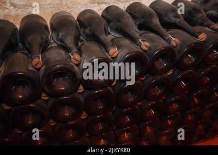 Champagne bottles with stock index card, Ruinart champagne cellar in Reims, France. Stock Photo