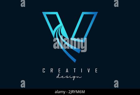 Outline Creative letter V logo with leading lines and road concept design. Letter V with geometric design. Vector Illustration with letter and cuts. Stock Vector